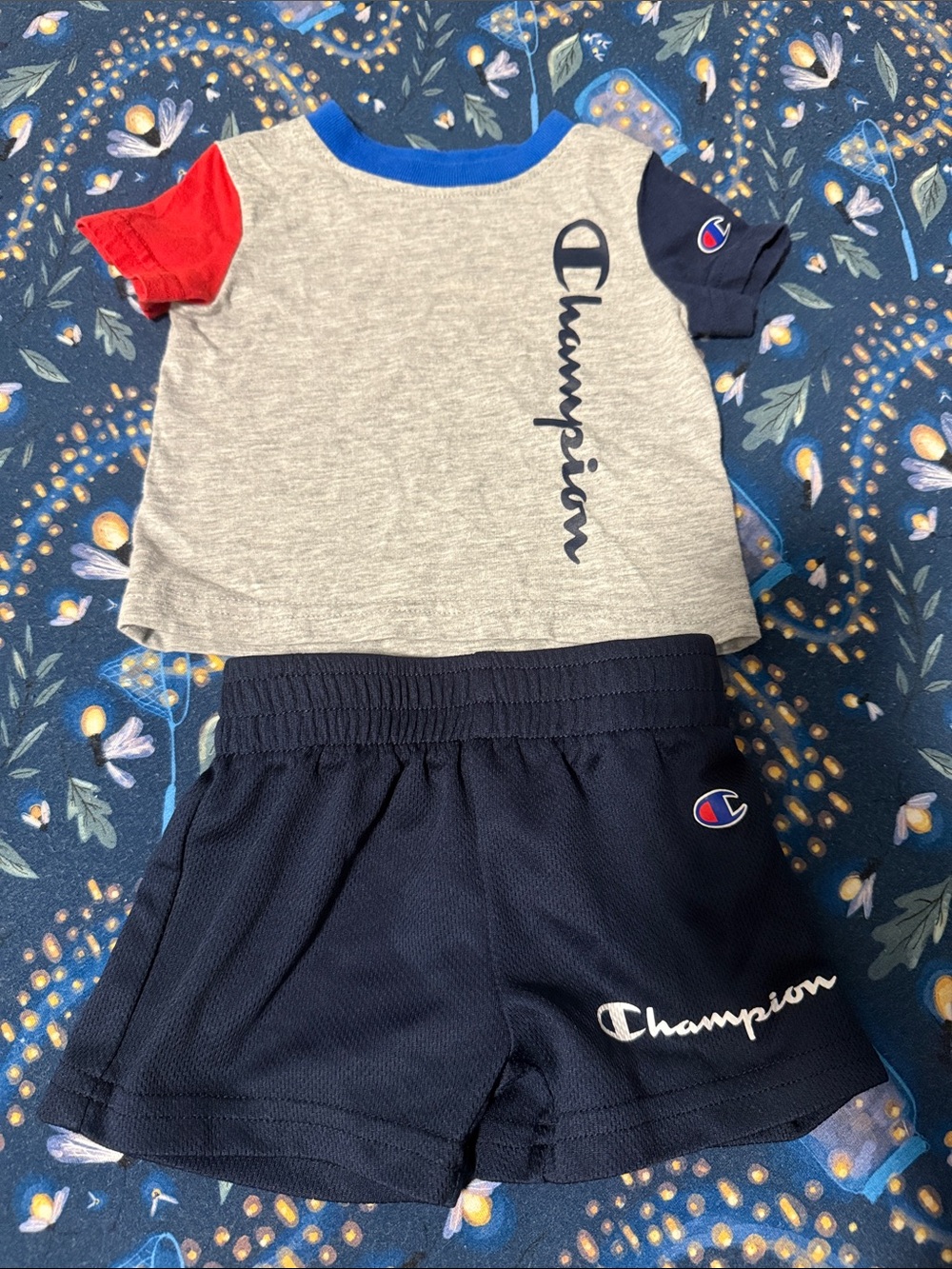Champion Grey Top with Blue Neck, Red & Navy Sleeves and Navy Shorts Set